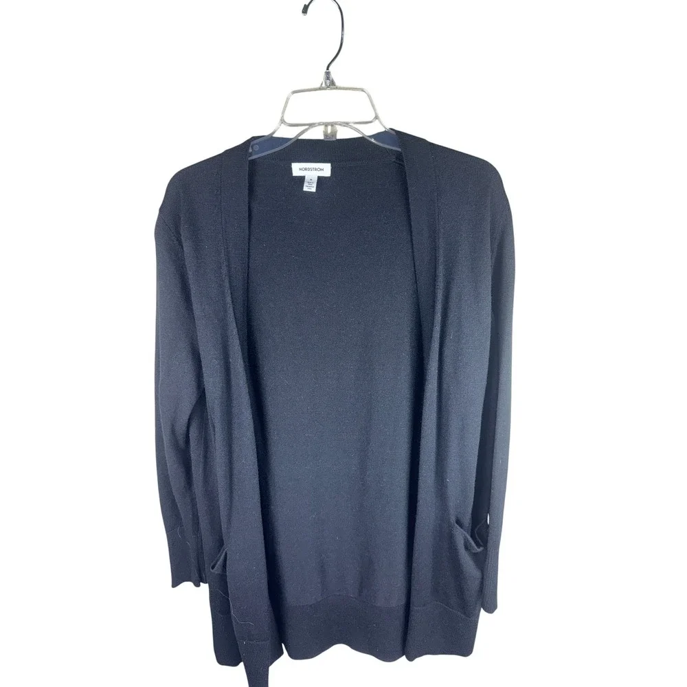 Nordstrom Womens‎ Black Merino Wool Blend Open Front Cardigan Sweater Pockets M